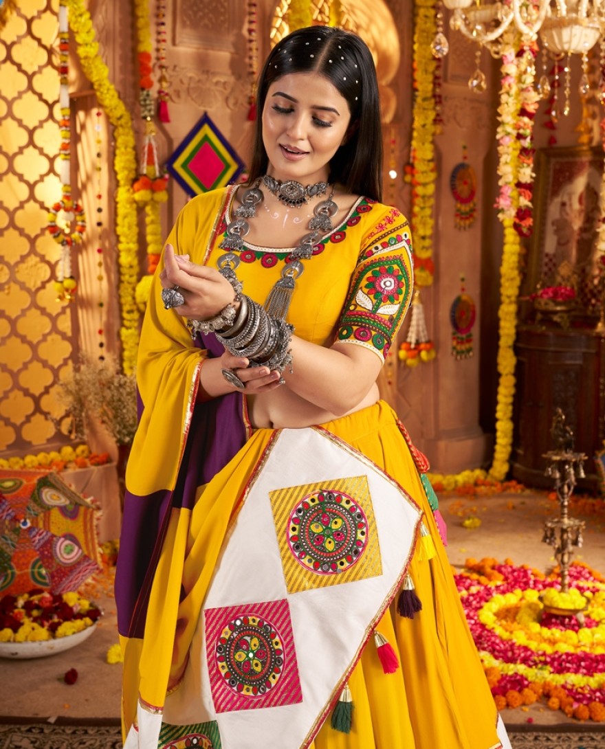 11042-yellow - Garba Elegance in Mustard Yellow Patchwork Splendor